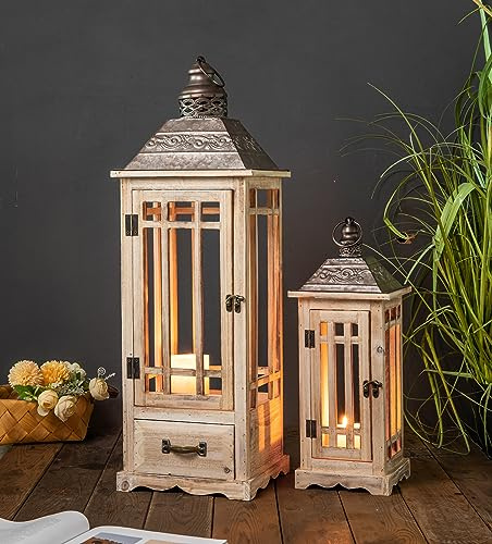 TIMRIS große rustikale dekorative Laterne aus Holz und Metall, 2er-Set, moderne Bauernhaus-Boden-Kerzenlaternen mit Schublade, Indoor/Outdoor Hängelaternen