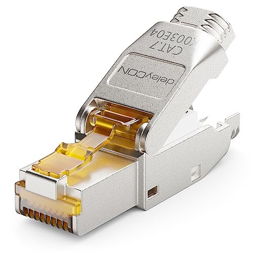 deleyCON 1x Prise Réseau CAT 7 RJ45 Sans Outil Blindée 10 Gbit/s 600 MHz Prise Réseau Pour Câbles de Pose Rigides Câbles Bruts Prise RJ45 Ethernet LAN DSL Câble de Brassage