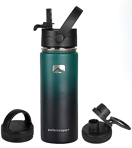 Polarscape Stainless Steel 500ml Insulated Water Bottle with Straw - Metal Water Bottle, Includes 3 Lids, 2 Straws, Straw Brush - Wide Mouth, Double-Walled, BPA Free, Leak Proof - 500ml Forest