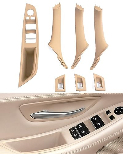 SHSBSCAR 7-teiliges Türgriff-Set für BMW 5er F10 F11 520 530, Fensterschalter-Armlehne auf der Fahrerseite + Beifahrertür-Zuggriff + Fensterschalter-Abdeckungen–Beige
