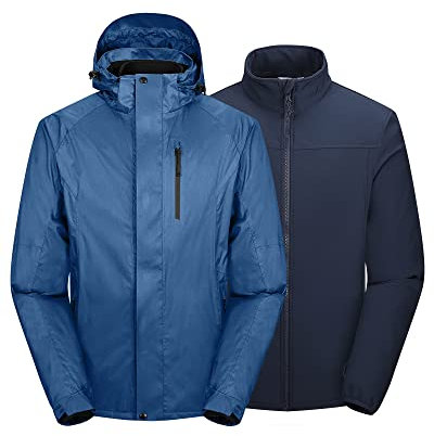33,000ft Herren 3 in 1 Skijacke Wasserdicht Warme Winterjacke Regenjacke Winddichte Skijacke Fleece Softshelljacke mit abnehmbarer Kapuze für Ski Outdoorsport (Blau, XL)