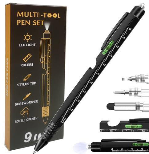 9 in 1 Multitool Stift, Stocking Stuffers Gifts Unique Christmas Birthday Multi Tool Pen for Men Dad Husband Who Have Everything, Cool Gadgets Pocket Multi Tool (Black)