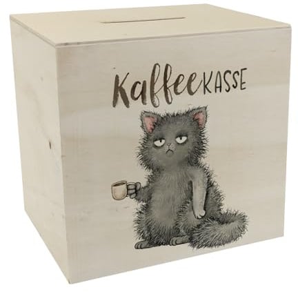 speecheese Spardose aus Holz Katze mit Tasse Spruch lustige Kaffeekasse | ein dekoratives Sparschwein für Katzenbesitzer Männer Geburtstag Morgenmuffel Sparbüchse Haustier