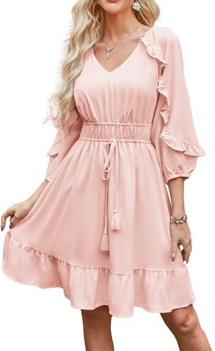 GRACE KARIN Robe Femme Ete Manche Courte 3/4 Volants Chic Robe Femme de Travail Unie Rose -3 S