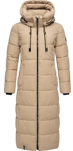 MARIKOO Damen Wintermantel warmer Steppmantel lang mit abnehmbarer Kapuze Nadeshikoo XVI Beige Gr. XS