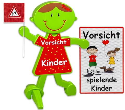UvV Luca & Lisa Brems 3D Warnfigur + Schild 60 x 45 cm beides reflektierend als Set - Text: Vorsicht Spielende Kinder (rot - weiß)