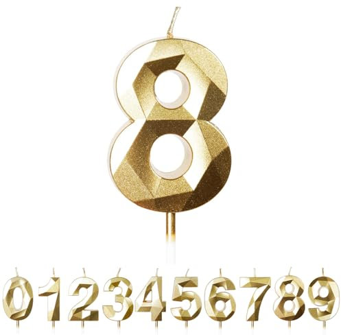 FUZVOL Birthday Cake Candles, Gold Number 8 Candle,Cake Topper Decorations