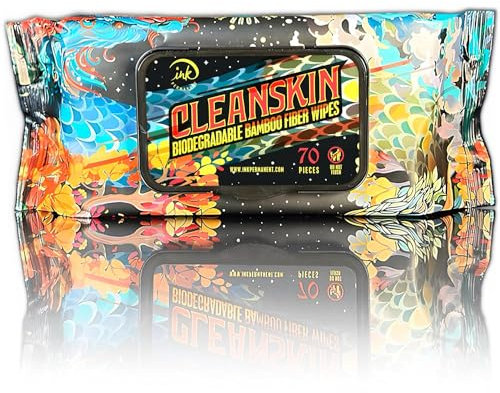 CleanSkin [70 Count] Biodegradable Bamboo Wipes for Tattoo Care, Alcohol-Free, Fragrance-Free, Lint-Free, Cleansing Green Soap Wipes for Tattooing