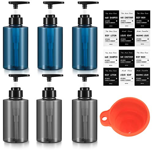 6 Pcs 300ML Pump Bottle Dispenser, Empty Shampoo Bottles with Pump, Kitchen Bathroom Lotions Hand and Dish Soap Handwash Refillable Shampoo and Conditioner Dispenser Bottles, with Funnel, Label