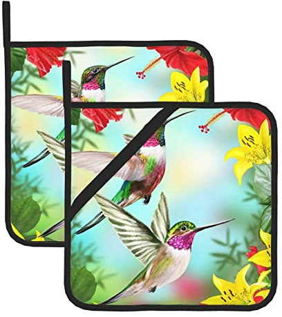 Topflappen mit Kolibris, rote Blume, Hibiskus, 2 Stück, Polyester, hitzebeständig, rutschfest, Ofenhandschuhe, Topf-Pads für Küche, Kochen, Backen, Grillen
