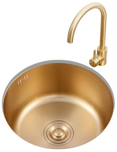 Küchenspüle, rund, 32/36/40 cm, mit goldenem Wasserhahn, Goldener Siphon aus Edelstahl, kleine Wohnung, Bar, Studio, Wohnmobil, Mini-Spüle, Aufsatzwaschbecken (Farbe: Gold, Größe: 36 x 36 x