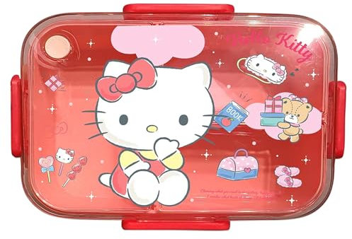 Roffatide Cartoon Cute KT Katze gedruckt All-in-One Bento Boxen mit Löffel Kawaii 4-Punkt-Schloss Typ Lunch Box Behälter für Lebensmittel Obst Snack