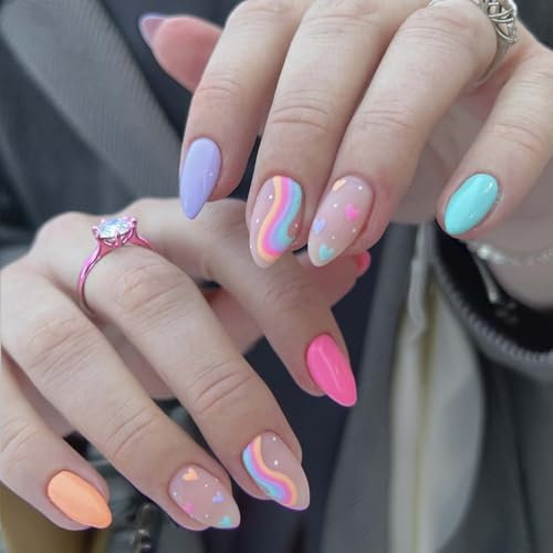 24PCS, Colourful False Nails Medium Length, Adorable French Press-On Nails, Easy Application, Sweet Colorful Design, Women's False Nails, for Halloween