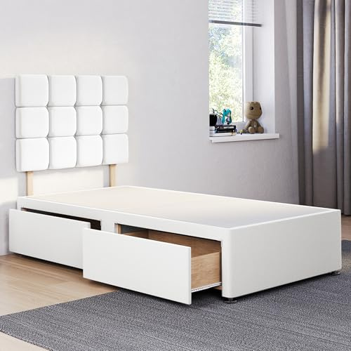 ComfoRest 3FT Single Divan Bed with 2 Drawers - 24 White Cube Headboard | Made in Britain, 91.5 x 190.5cm, 24in headboard, White Plush fabric, 2 space-saving storage drawers