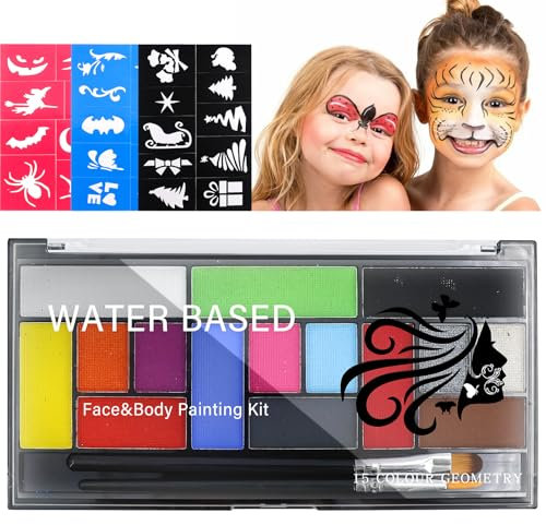 Kinwer Maquillage Carnaval,15 Couleurs Peinture Corporelle Visage Enfant Sûr Non-Toxique Und 3 Ensembles Pochoirs,Passend Maquillage Fête De Noël Halloween Carnava
