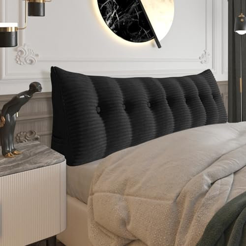 BNCKTRD Dicklich Rückenkissen Lesekissen für Bett und Couch, Rückenlehne Kopfende, Dreieckiges Sofakissen Bücherkissen, Wandkissen für Bett Herbst Winter, Kordsamt Schwarz 200cm