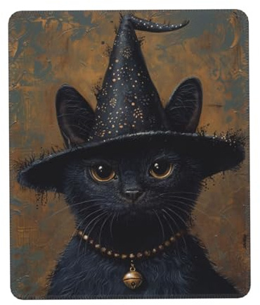 Oudrspo Wizard Cat-Mauspad, schwarz, strapazierfähig, weich, wasserdicht, rutschfest, Gummileder mit genähtem Rand, Gaming-Mauspads für Schreibtisch, Büro, Laptop, 21,1 x 26,1 cm