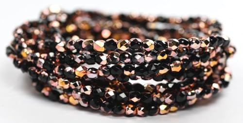600 pcs Fire Polished Round Faceted Beads Black Rose Gold Capri (23980-27101), 3 mm, Glass, Czech Republic