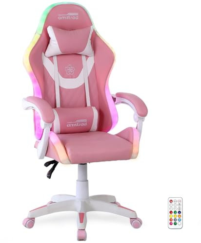 Amstrad Fauteuil Gaming AMS-LED-Sakura - Simili Cuir Rose et Blanc - Eclairage LED 366 Effets - Télécommande