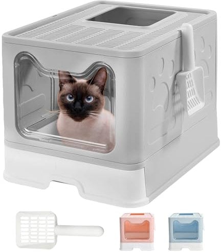 JUPPLIES - Arenero Gato Cerrado con Doble Entrada - Caja de Arena para Gatos Cubierta 51x38x41cm - Arenero Gatos con Bandeja Extraíble y Pala de Fácil Limpieza (Gris)