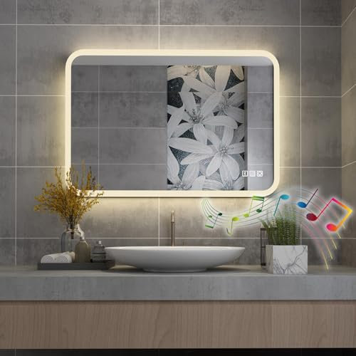 MIQU Badspiegel LED 80 x 60 cm Badezimmerspiegel mit Beleuchtung Groß Spiegel mit Licht Touch dimmbar Rechteckig Wandspiegel mit Bluetooth + Steckdose +Beschlagfrei + 3 Lichtfarben