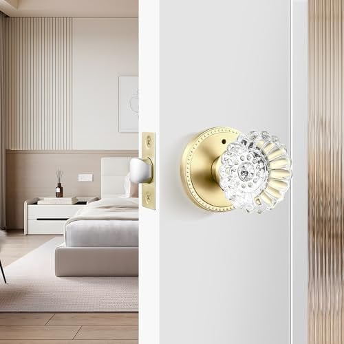 Leydebong 1 Pack Crystal Door Knobs, Privacy Glass Door Knob for Bedroom and Bathroom, Keyless Heavy Duty Door Knobs, Satin Brass Fluted Glass Door Knob with Victorian Plate Rosettes