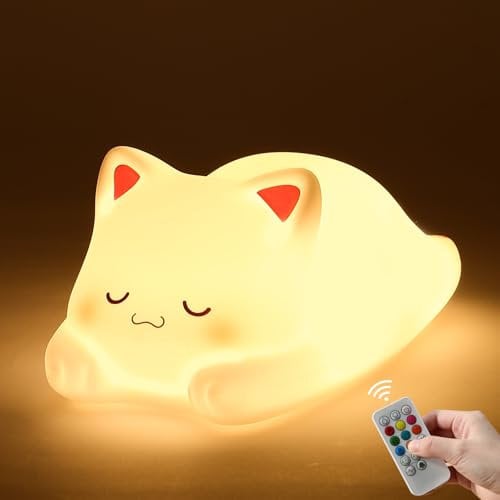 ZKLiLi cute lap Cat silicone veilleuse pour enfants, 7 variations de couleurs, fonction tactile + télécommande, chargement USB, idéal pour les cadeaux d'anniversaire pour les enfants