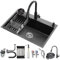 Fregadero de cocina Multifuncional Fregadero de cocina de 3 orificios Fregadero de acero inoxidable negro con lavavasos, dispensador de jabón, grifo y juego de desagüe (60 x 45 cm)