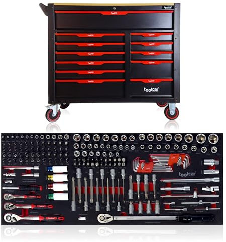 toolcar Werkzeugwagen - 11 volle Schubladen mit Werkzeug +1 Leere Schublade | befüllte Schubladen | Abschließbar | Softclose | Werkstattwagen Werkzeugkasten Werkzeugkiste