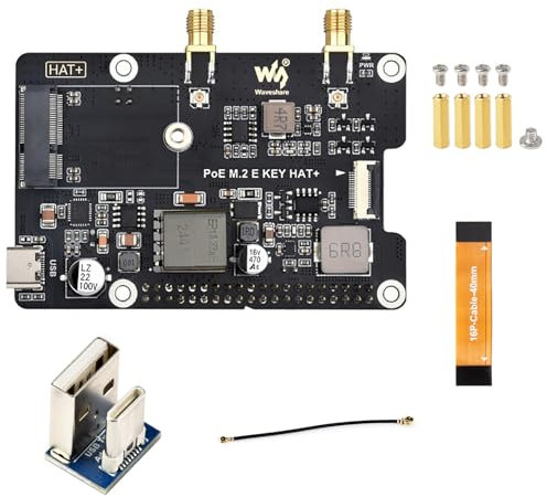 PCIe to M.2 E Key Adapter with PoE HAT for Raspberry Pi 5 - Supports NGFF M.2 E Key Wireless NIC, PoE Power Supply, Onboard SMA Connector, USB Bluetooth, 16PIN PCIe Interface