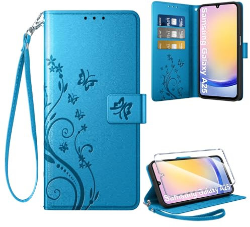 Coiwxmoi Coque pour Samsung Galaxy A25 5G + 1 Verre Trempé, Retro Design Housse Premium en Cuir PU Pochette de Portefeuille pour Porte Cartes Fonction Stand Flip Etui pour Samsung A25, Bleu