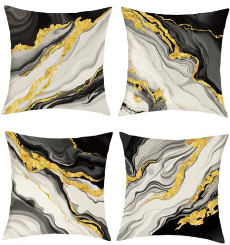 Joymaison Kissenbezüge 45x45 cm 4er Set Marmor Schwarz Gold Dekorative Kissenbezug Moderne Abstrakte Kunst Deko Kissenhülle für Sofa Couch Schlafzimmer Wohnzimmer