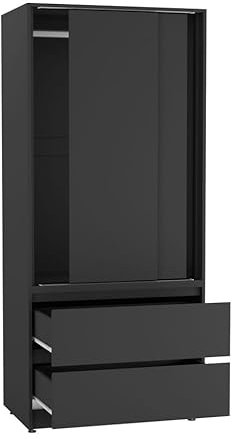URBNLIVING 2-Door 2-Drawer Sliding Wardrobe, Modern Bedroom Storage Cupboard with Hanging Rail, Smooth Silent Sliding Doors, Adjustable Feet, Safety Wall Fixing and Mix or Match Carcass & Door Colours