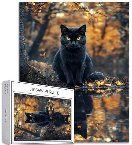 Schwarze Katze sitzt am See, 1000-teiliges Puzzle für Erwachsene, Herbstwald, Hintergrund, Kunst-Puzzle, anspruchsvolle Familienaktivitäten, buntes Bastelpuzzle für Heimdekoration, Geschenke, 50 x 70