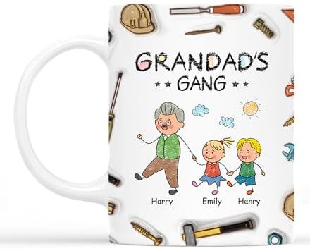 Personal Chic Custom Mug Name - Grandad's Gang Crayon with Kids - Personalised dad Gifts, Grandad Personalised Gifts, New dad Gifts, Personalised Grandad Mug (6 Kids)