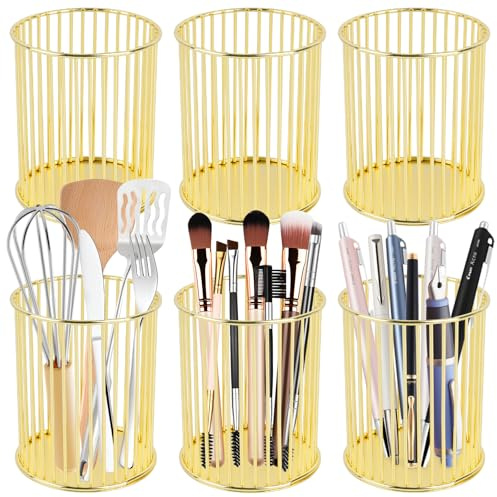 Akamino 6 Pcs Gold Pencil Holder, Round Iron Art Pen Holder, Metal Multi-Functional Mesh Desk Organizer, Fashion Makeup Brush Storage Basket for Home, School, Office