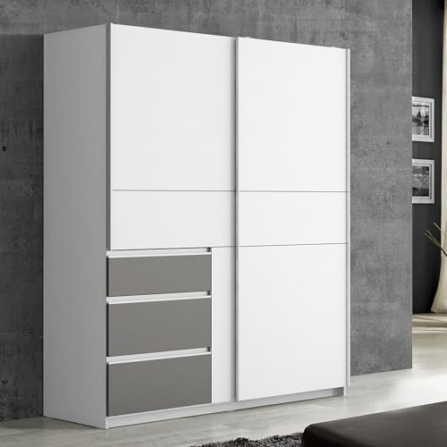 Forte Winn 2 Kleiderschrank 170, moderner Schwebetürenschrank, 2-türig, 3 Schubladen, Schlafzimmer, Uni Wolfram Grau|Weiß, 170,3 cm breit x 200,5 cm hoch x 61,2 cm tief