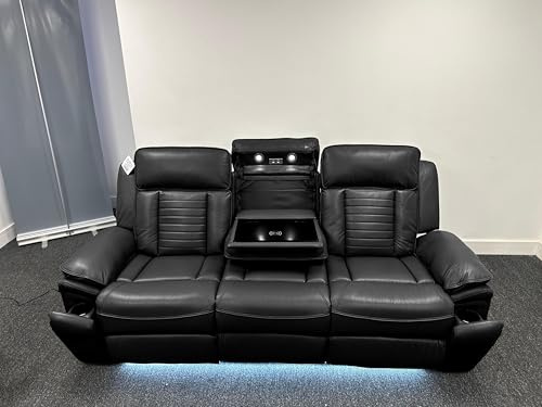 Savilla Leather Electric Recliners Sofa With Cupholders – 3+2 Seater Sofa Set – Electric Recliners – LED Lights – Wireless Charging – USB Charging & USB C Charging (Black, 3 Seater)