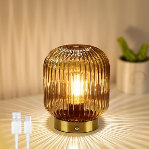 MJ PREMIER Rechargeable Table Lamp, Cordless Lamp with Dimmable Brightness | Yellow Glass Lamps with Memory Function, Decorative Touch Lamps for Bedroom Living Room