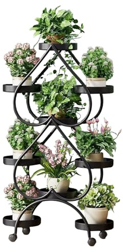 JIHNM Indoor Plant Stand with Wheel, Heart Shaped Corner Shelf Tall Plant Stand for Multiple Indoor Plants, Flower Stand Decor for Gardening Balcony Garden Patio (Black, 9 Tier)