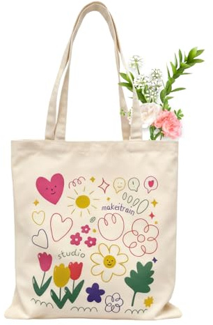 Canvas Tasche Damen, Kawaii Tote Bag mit Reißverschluss, Multifunktional Stofftasche Tragetasche, Ideal Geschenk für Damen, Mutter, Tochter, Freundin, Kollegin