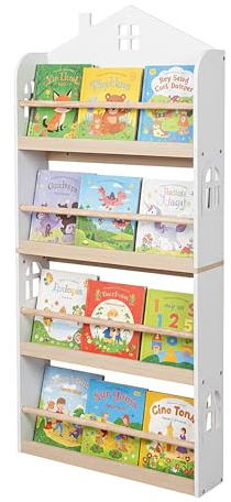 Relaxdays Libreria per Bambini, 130x60x15 cm, mensola da Parete, 4 Scomparti, a casetta