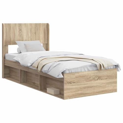 vidaXL Bettgestell mit Stauraum und Kopfteil Sonoma-Eiche 75 x 190 cm, Moderne Bettgestell, rechteckig, Stauraum, Latten-Design, praktische Möbel für Dein Schlafzimmer