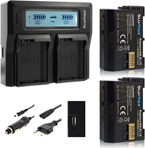 Blumax Lot de 2 batteries Gold Edition remplace Nikon EN-EL15a 2040 mAh + double chargeur | Compatible avec Nikon D7000 D7100 D7200 D500 D600 D610 D750 D800 D810 Nikon 1 V1