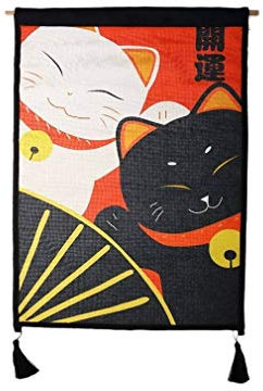 lachineuse - Panneau Mural Japonais Duo Maneki Neko - Décoration Japonaise à Suspendre - 65 x 45 cm - Chat Japonais Kawai - Lucky Cat - Tableau Mur - Coloris Noir & Rouge - Idée Cadeau Japon Asie