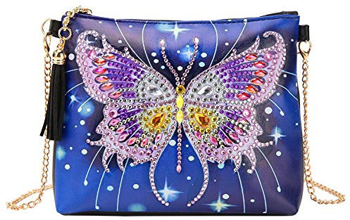 Prosperveil Damen Crossbody Handy-Tasche DIY Diamant Malerei Leder Münzbörse Halter Geldbörse Clutch Kleine Schultertasche mit Kettenriemen und Quasten, - violettfarbener schmetterling - Größe: Small