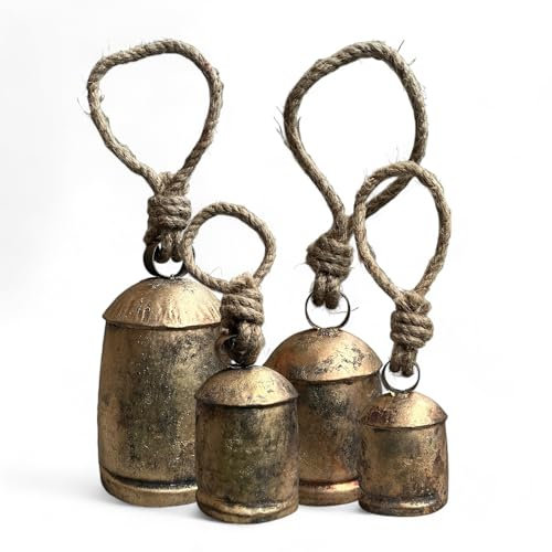 Set mit 4 riesigen Harmonie-Kuhglocken, groß, Vintage-Stil, handgefertigt, rustikal, Glücksbringer, Weihnachten, zum Aufhängen, XL Glöckchen am Seil, Antik-Gold
