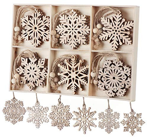 Schneeflocken aus Holz Weihnachtsdekoration 18 Stück,Unvollendet Hängeornamente Weihnachtsbaumschmuck mit Juteseil für Weihnachtsbaum,Basteln für Kinder und Dekoration für Winterfeiern -7cm
