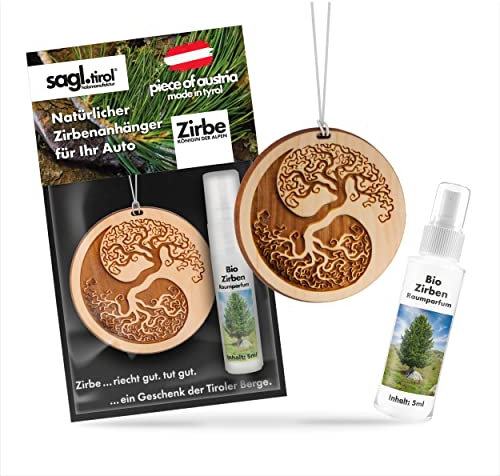 sagl.tirol Auto Duft aus Zirben Holz [100% Bio] inkl. Zirben Raum Parfüm 5ml I verschiedene Motive I natürlicher Auto Duftbaum I Auto Duft Innenraum I Auto Lufterfrischer I Autoduft I Yin Yang