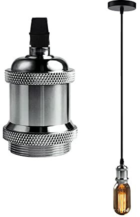 Chrasy E27 Metall Pendelleuchte Retro Hängelampe E27 Lampenfassung Kupfer Edison Lampenfassung Pendelleuchte Kit mit 150 CM Nylon Kabel(Chrom)